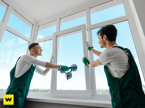 Zwei Handwerker montieren ein modernes Fenster für energieeffizienten Wohnungsbau.