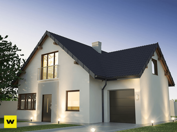 Modernes Einfamilienhaus mit Garten, Garage und großer Fensterfront bei Sonnenuntergang.